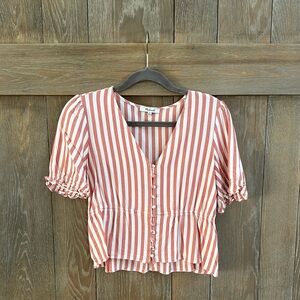 Madewell Pink and White Puff Sleeve Crop Blouse